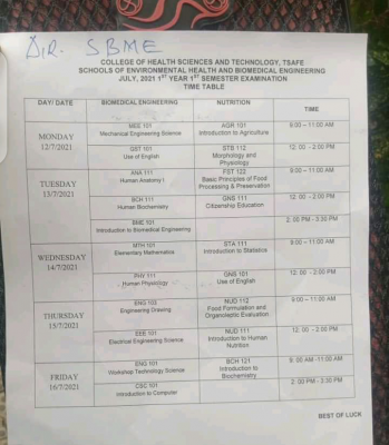 College of Health Science and Technology, Tsafe 1st semester exam time-table, 2020/2021