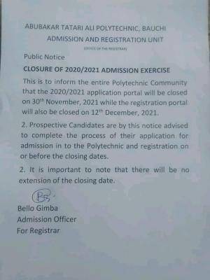 Abubakar Tatari Ali Polytechnic notice on closure of 2020/2021 admission exercise