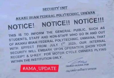 Akanu Ibiam Federal Polytechnic important notice the Polytechnic Community