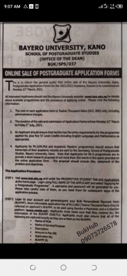 BUK postgraduate admission form for 2020/2021 session