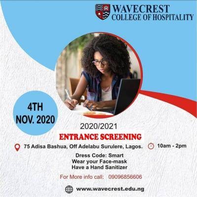 Wavecrest College of Hospitality entrance screening details for 2020/2021 session