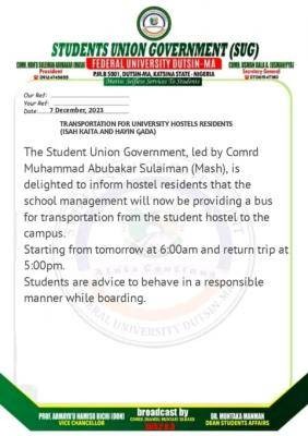 FUDutsin-ma SUG issues important notice to students staying in hostels