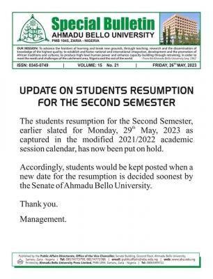 ABU update on students resumption for the second semester