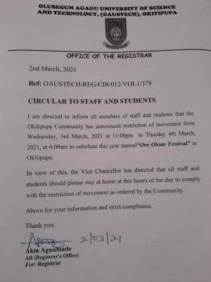 OAUSTECH notice to staff and students on restriction of movement