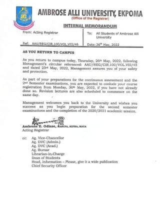 AAU Ekpoma notice on completion of course registration