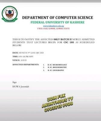 FUKashere Department of Computer Science notice to batch II newly admitted students