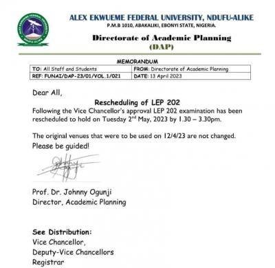 FUNAI reschedules LEP 202 examinations