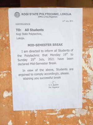 Kogi Polytechnic announces Mid-Semester break