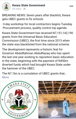 Kwara State gets UBEC grants to fix schools