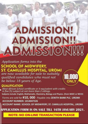 School of Midwifery, St. Camillus Hospital, Uromi admission form