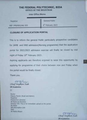 Fed Poly Bida application portal for 2022/2023 session closes Feb 10th