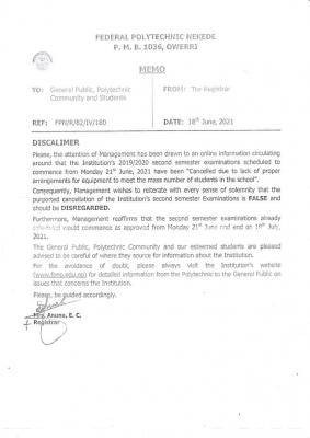 FPNO notice on alleged cancellation of 2nd semester exam