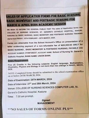 St. Gerad's Catholic Hospital, Kaduna Basic Nursing, Midwifery & Post Basic Nursing forms, 2024