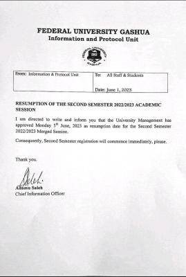 FUGASHUA notice on resumption of second semester, 2022/2023