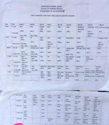 Auchi Poly SPAT lecture timetable for first semester, 2021/2022