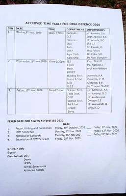 Ekiti Poly oral defence time-table for SIWES students