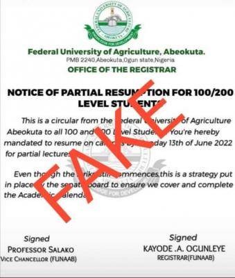 FUNAAB disclaims rumour on partial resumption for 100 and 200 Level Students