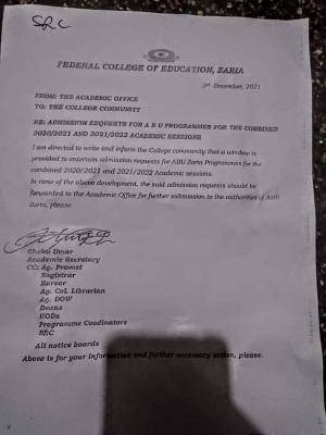 FCE Zaria notice on ABU Affiliated Programmes combined Admission