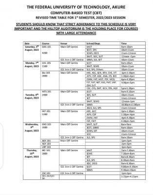 FUTA first semester CBT schedule, 2022/2023