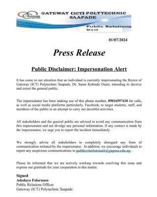 Gateway (ICT) Poly alerts the public on impersonation of the Rector