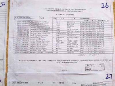 Alvan Ikoku COE 1st Batch degree admission list, 2022/2023