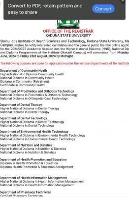 Shehu Idris Institute of Science and Technology, Kaduna Admission, 2024/2025