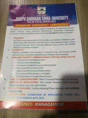 Joseph Sarwuan Tarka University JUPEB Admission form, 2023/2024