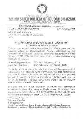 Aminu Saleh COE resumption of undergraduate students for 2023/2024 session