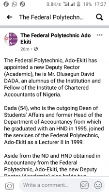 Federal polytechnic. Ado-Ekiti gets new deputy Rector