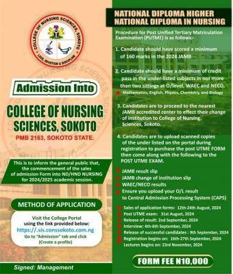 College of Nursing Sciences, Sokoto ND/HND Nursing form, 2024/2025