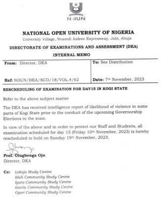 NOUN notice on rescheduling of Day 15 of its ongoing exam in Kogi State