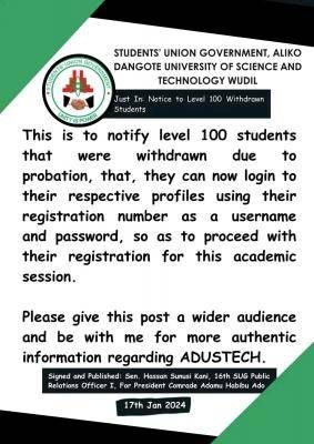 ADUSTECH SUG notice to 100 level students that were withdrawn