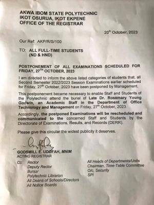 Akwa Ibom State Poly notice on postponement of all exams scheduled for 27th October 2023