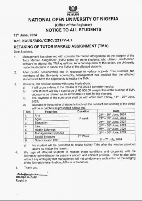 NOUN notice on retaking of Tutor Marked Assignmenet