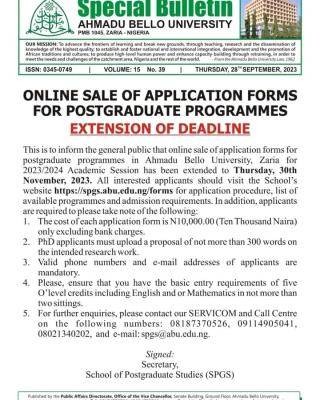 ABU notice on extension of postgraduate admission forms, 2023/2024