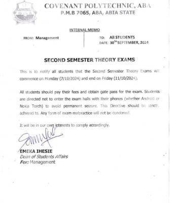 Covenant Polytechnic announces 2nd semester theory exams