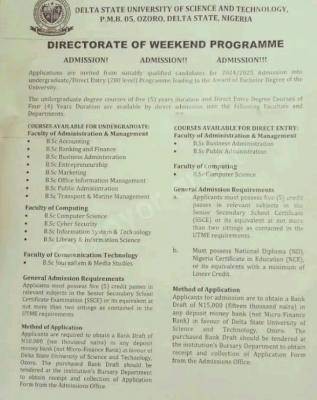 DSUSTECH, Ozoro Weekend Undergraduate admission, 2024/2025