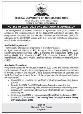 Federal University of Agric. Zuru Post-UTME 2023: cut-off mark, eligibility & registration details