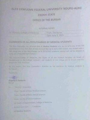 Alex Ekwueme Federal University notice on clearance of all fees/charges by medical students