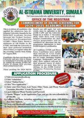 Al-Istiqama University Post-UTME/DE 2024: eligibility and registration details