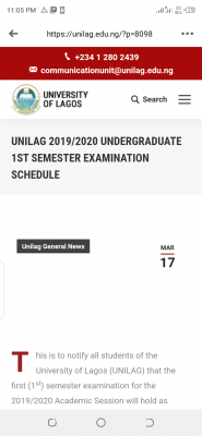 UNILAG undergraduate 1st semester exam schedule, 2019/2020