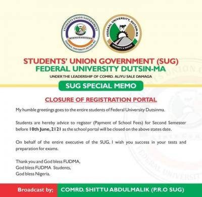 FUDutsinma SUG notice on deadline for 2nd semester fee payment, 2019/2020