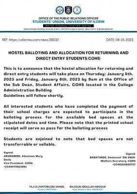 UNILORIN notice on hostel allocation for Returning and Direct entry students