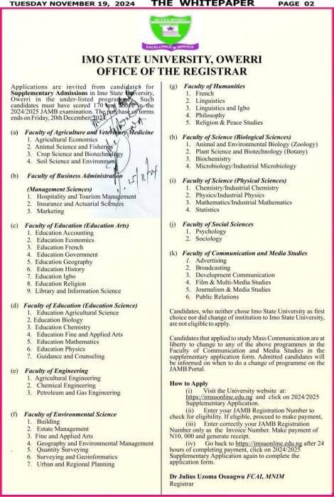 IMSU supplementary admission form, 2024/2025