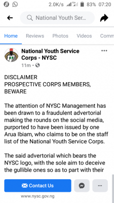 NYSC disclaimer notice to prospective corps members