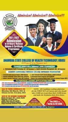 Anambra State College of Health Technology, Obosi 2021/2022 admission