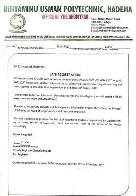 Binyaminu Usman Polytechnic notice to students on late registration fee