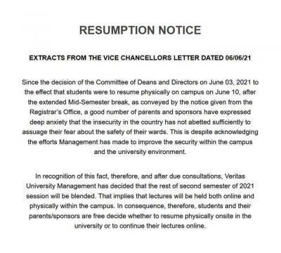 Veritas University latest resumption update