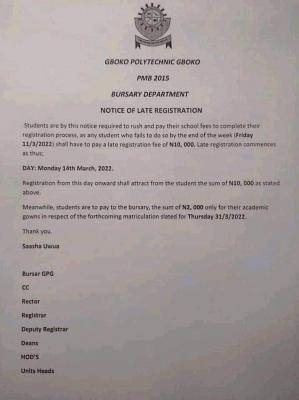 Gboko Polytechnic notice on late registration