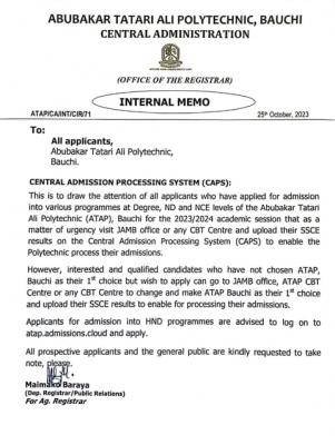 Abubakar Tatari Ali Poly urgent notice to prospective candidates on upload of O'level result on JAMB CAPS